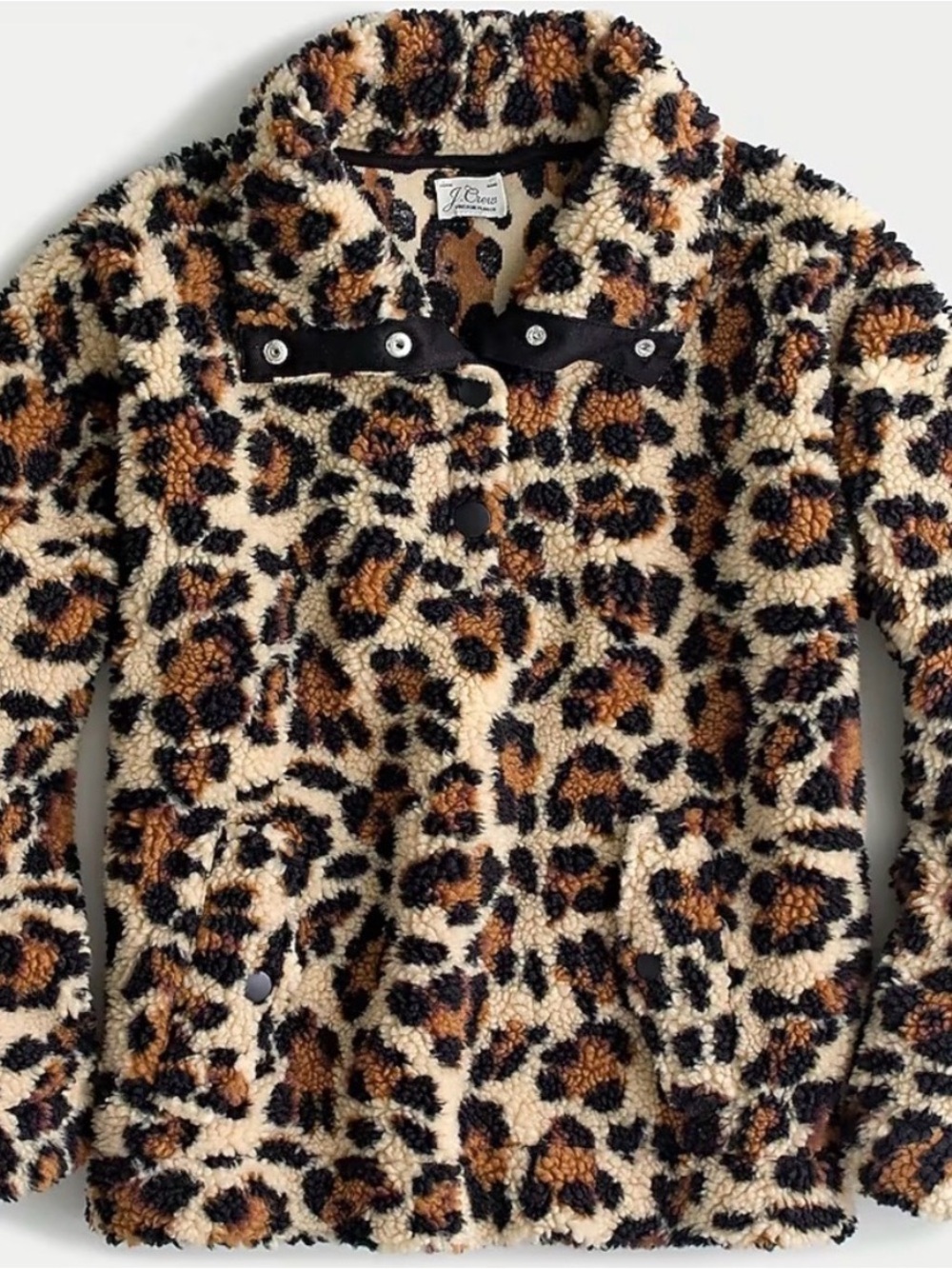NWT J. Crew Leopard Sherpa Button-Front Jacket in Cream, Brown, Black